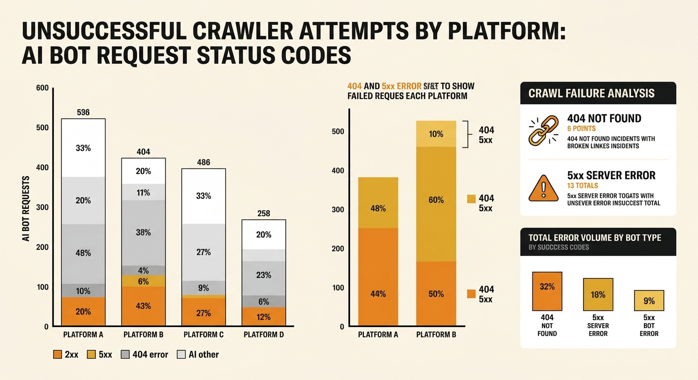 Graph showing AI bot request status codes with 404 and 5xx errors highlighted, showing unsuccessful crawler attempts by platform