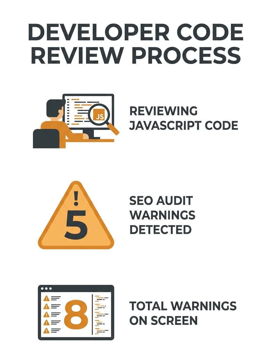 Developer reviewing JavaScript code with SEO audit warnings on screen