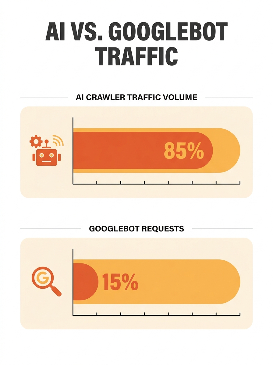 Split-screen visualization showing AI crawler traffic volume compared to Googlebot requests on e-commerce server logs