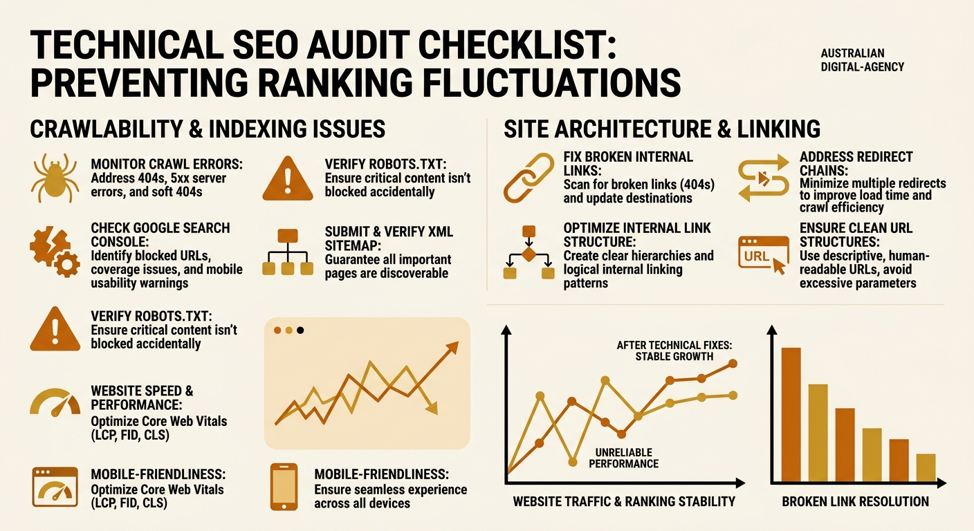 Technical SEO audit checklist highlighting common issues that cause ranking fluctuations including crawl errors and broken internal links