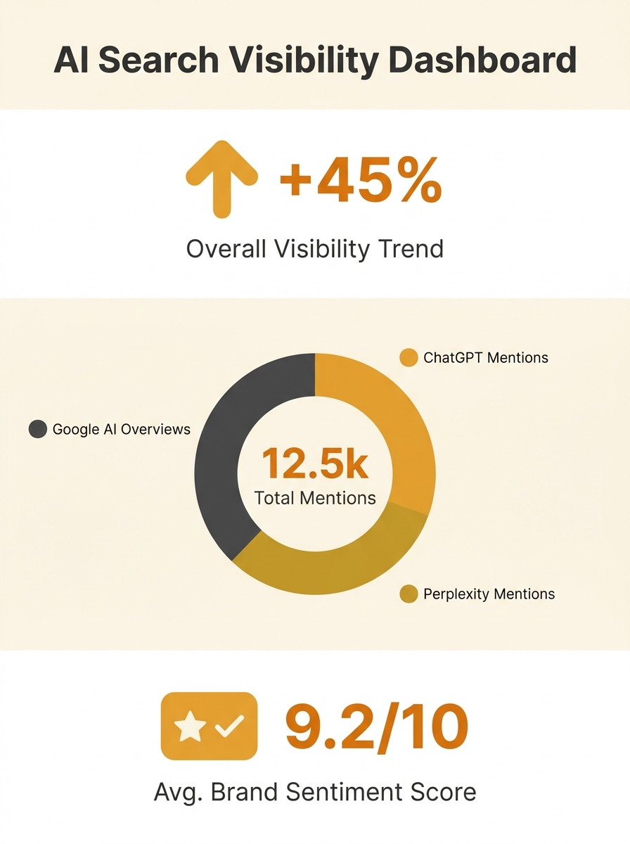 Business owner reviewing AI search visibility dashboard showing mentions across ChatGPT, Perplexity and Google AI Overviews platforms