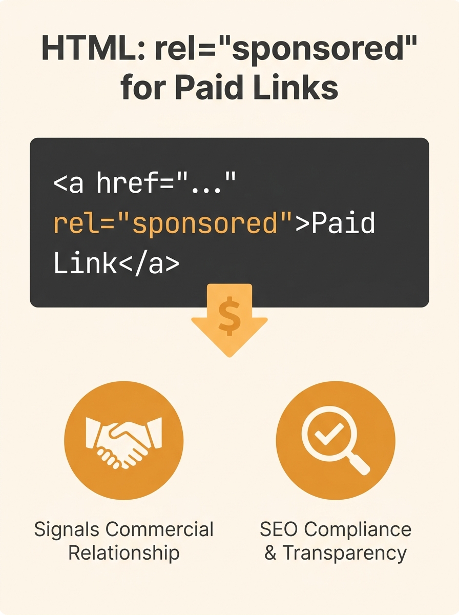 HTML code snippet showing anchor tag with rel="sponsored" attribute on a paid affiliate link