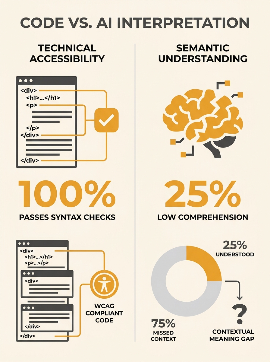 Split-screen comparison showing a website's code structure on left and AI interpretation results on right, illustrating the gap between technical accessibility and semantic understanding