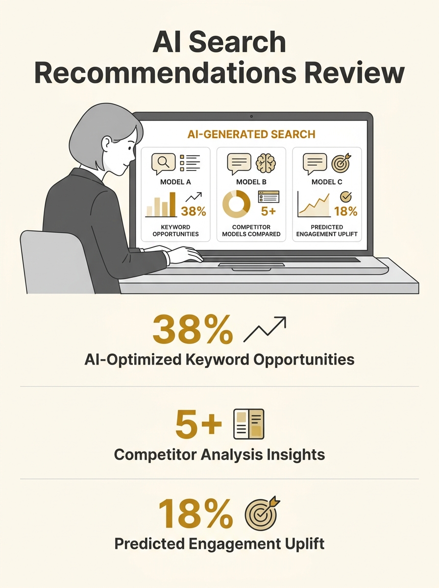 Business owner reviewing AI-generated search recommendations on laptop screen showing multiple chatbot interfaces