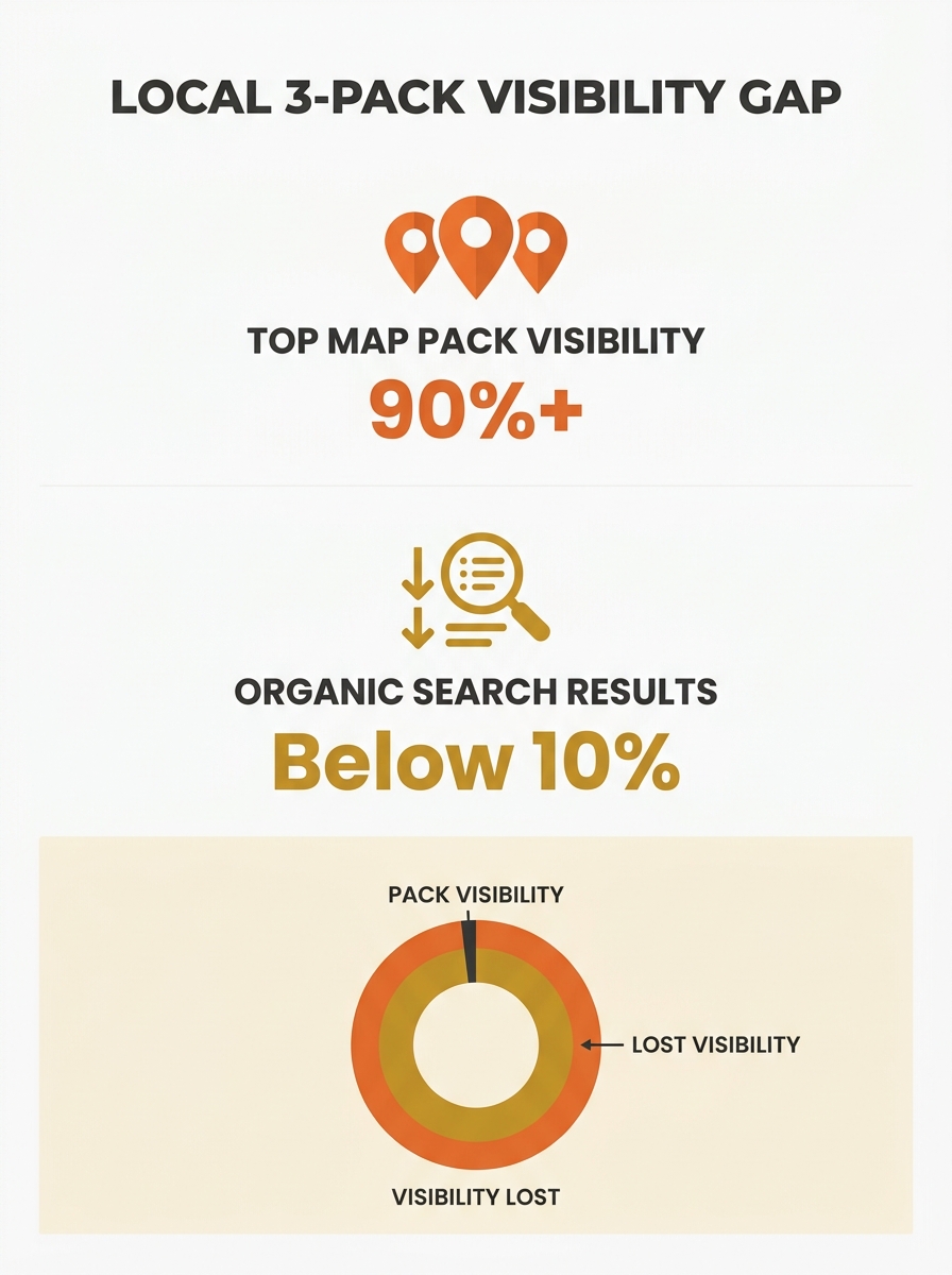 Google Maps search results showing local 3-pack for personal injury lawyer query, highlighting map pack visibility gap