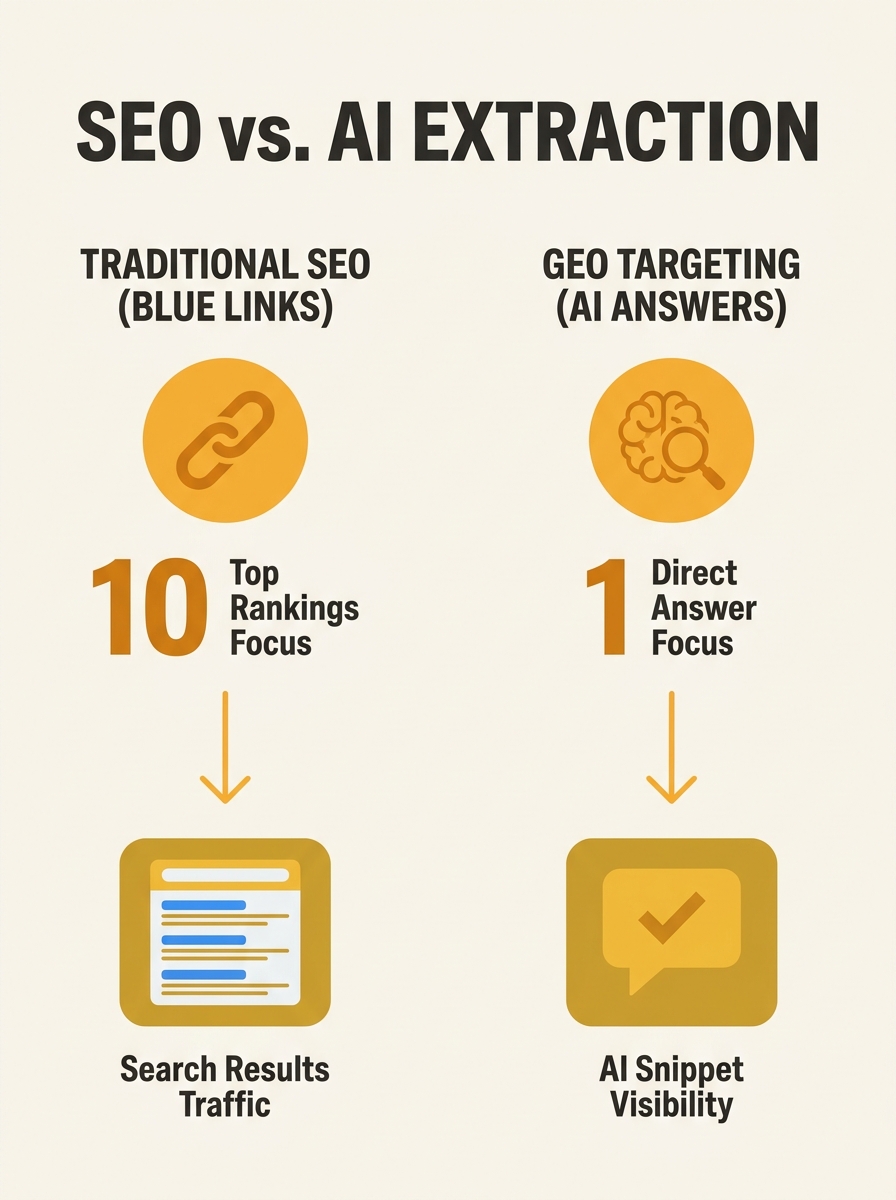 Side-by-side comparison chart showing Traditional SEO focused on blue links versus GEO targeting AI answer extraction