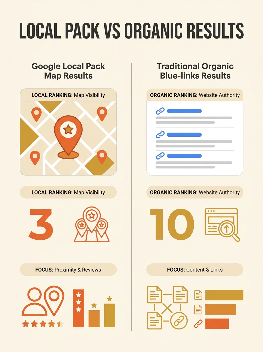 Split-screen comparison showing Google Local Pack map results on left versus traditional organic blue-link results on right, illustrating the two different ranking systems businesses must choose betwe