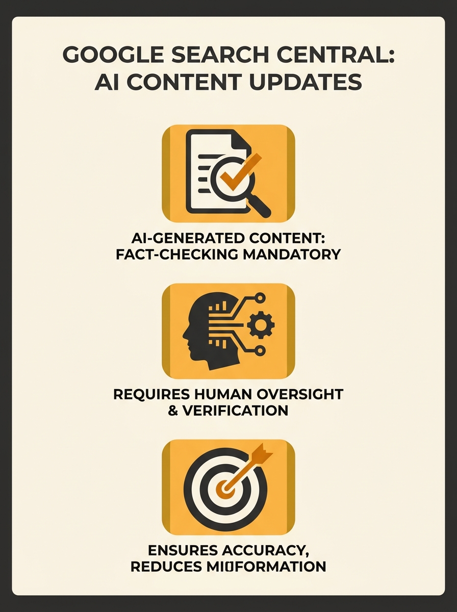 Google Search Central documentation page showing updated guidance on AI-generated content fact-checking requirements